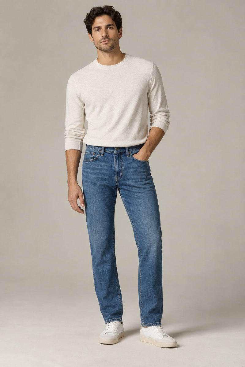 Male model wearing straight-leg denim in blue on a neutral studio background