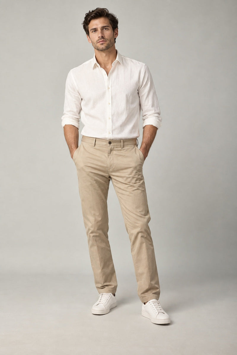Male model wearing tailored chino trousers in sand on a neutral studio background