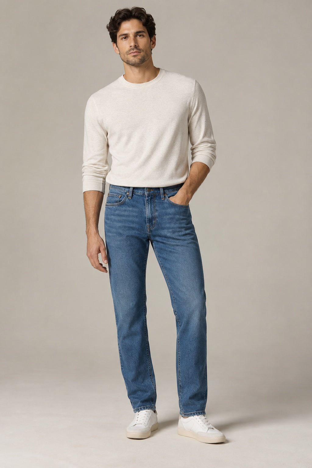 Male model wearing straight-leg denim in blue on a neutral studio background